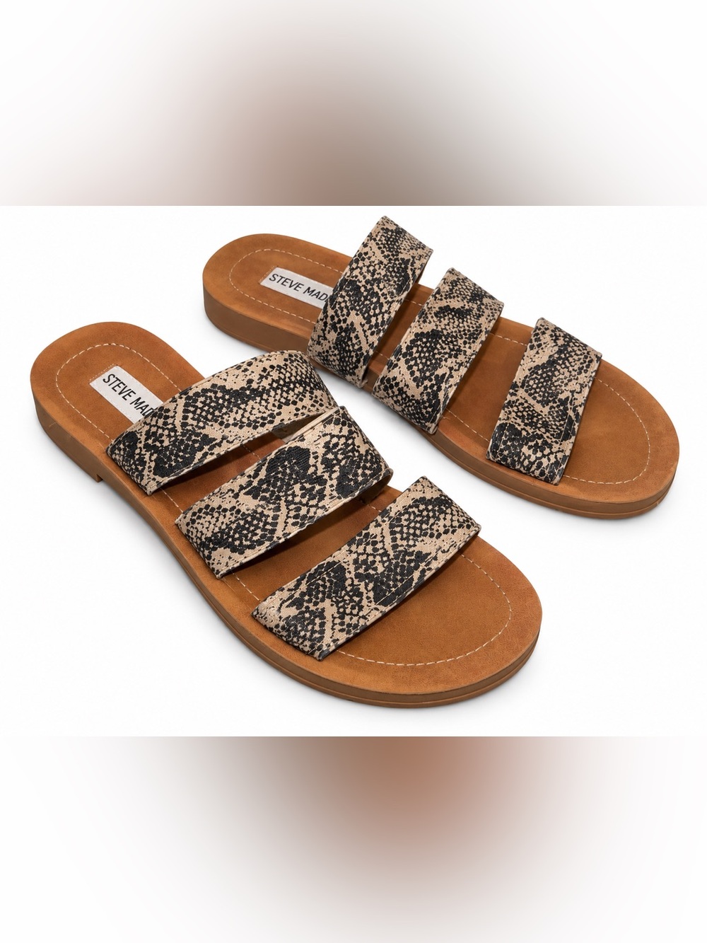 Steve Madden Snake-Print Triple-Strap Slide Sandals in Tan and Black